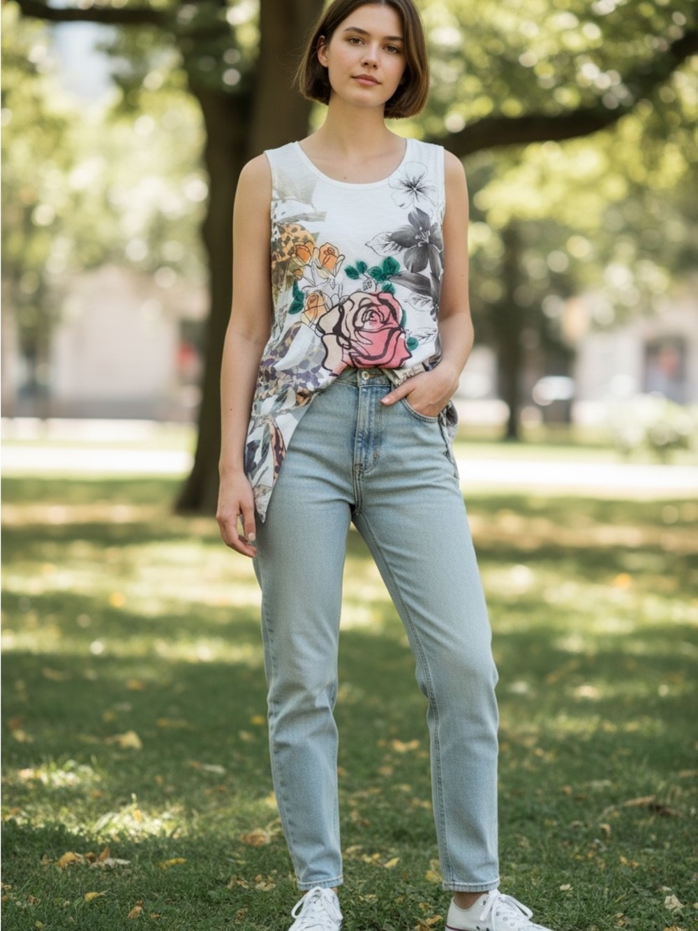 MARIE CLAIRE White Floral Graphic Sleeveless Top  size medium